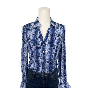 White House Black Market Blue Snakeskin Print Silk Shirt Size S